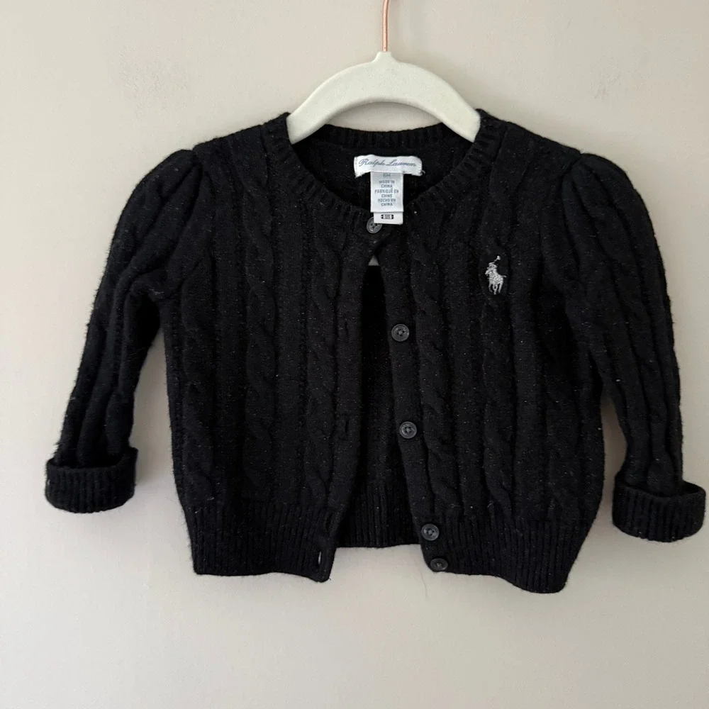 Ralph Lauren Baby Girl Black Cable Knit Shimmer Cardigan Silver Pony Logo 6M